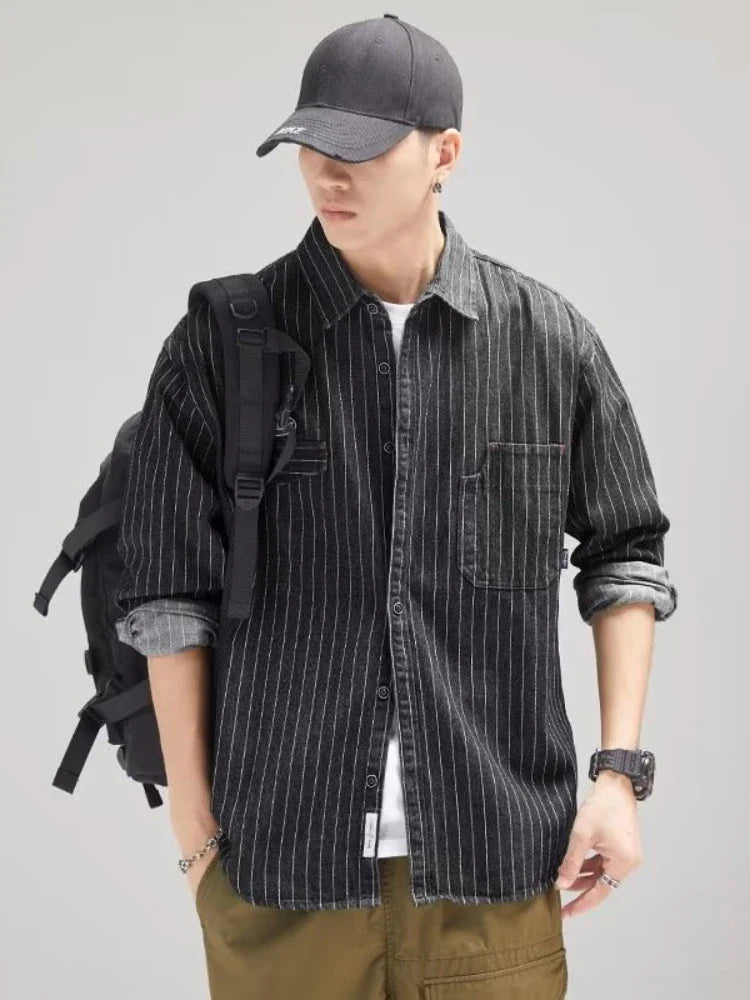 sanyamk Denim Jackets Men Striped Japanese Retro Style Long Sleeve Baggy Handsome Popular Pockets Advanced Casual Techwear Vitality