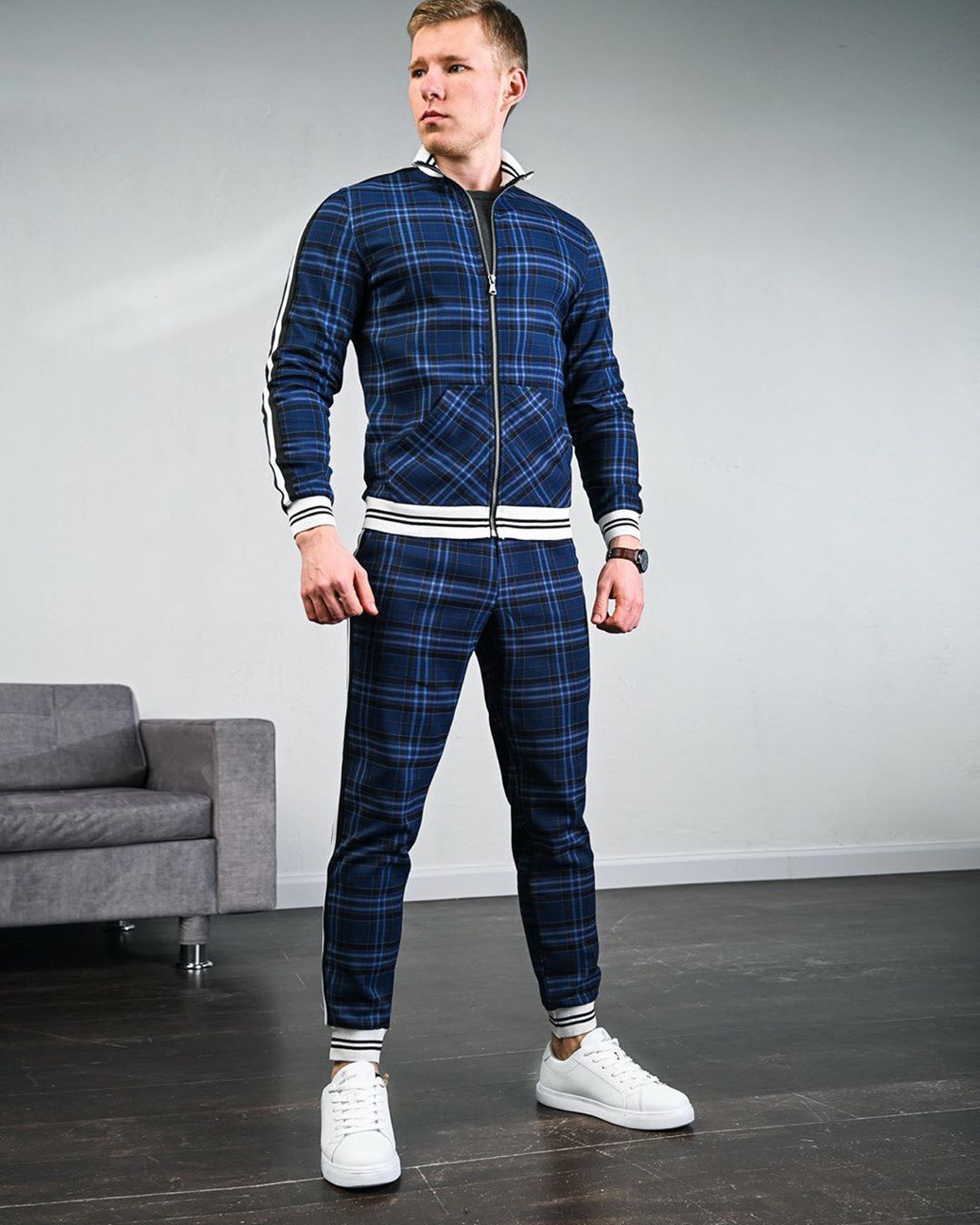 sanyamk New men's tracksuit Fashion Plaid Man Sets Trendy Brand Casual Sportswear Spring Autumn Jacket + Pants 2 Piece Set 3D Print