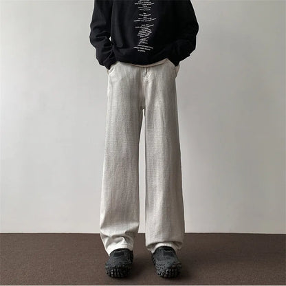 sanyamk Distressed White Wide-leg Jeans Pants Men Vintage Denim Male Loose Casual Japanese Streetwear Daily Casual Mopping Trousers