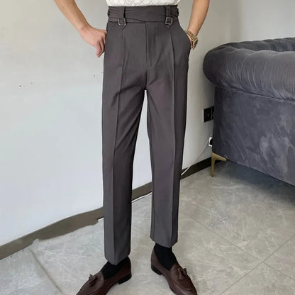 sanyamk  -  Men's Solid Color Suit Pant Slim Fit Feet Casual British Spring High Waist Pants Office-trousers Men Dress Pant Trousers