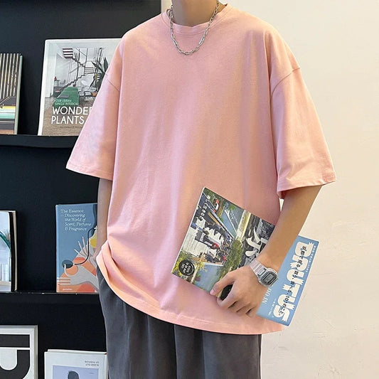 sanyamk Summer Man T-shirts Korean Style Short Sleeve Solid Color Oversized T Shirt Men Harajuku Hip Hop Cotton Men's Clothing Tops Tee