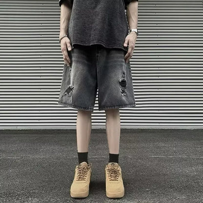 sanyamk American Street Vibe Men's Summer Loose-fit Denim Shorts Trendy Brand Vintage Ripped Shorts For Casual Wear