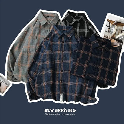 sanyamk New Men's Clothing Shirt Long Sleeve Square Collar Spring Autumn Loose Fashion Casual Plaid All-match Button Tops