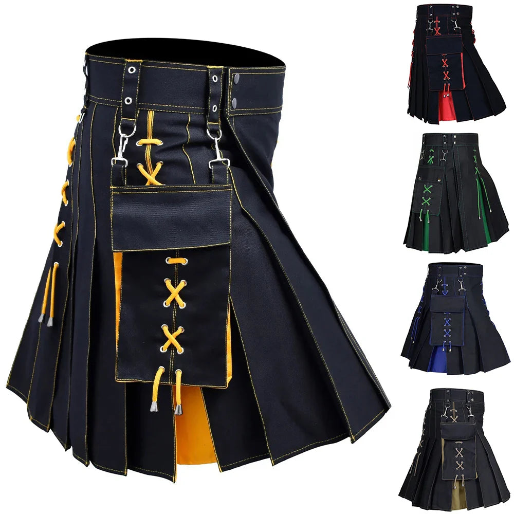 sanyamk Mens Pocket Tie Rope Scottish Skirt 2024 New Genderless Casual Fashion Medieval Retro Steampunk Contrast Color Skirt Unisex