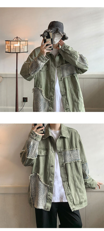 sanyamk Autumn Men Patchwork Denim Jackets Male Loose Coat Retro Streetwear Casual Couple Jacket Ins Tide Jackets Denim Brown/Green