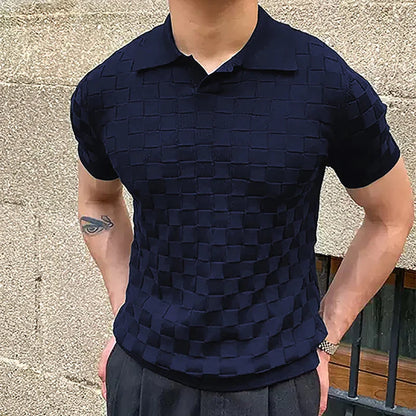 sanyamk Vintage Plaid Jacquard Knitted Polo T Shirts Men Summer Casual Breathable Thin Knit Tops Mens Knitwear Fashion Slim Polo Shirts