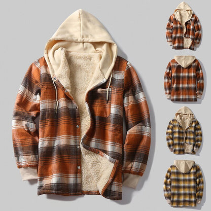 sanyamk Winter Warm Wool Coat Jackets Men Fashion Plaid Printed Outerwear Autumn Casual Long Sleeve Hooded Cardigans For Mens Streetwear