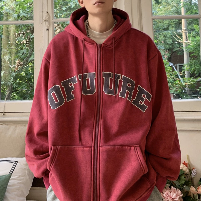 Bonsir Spring Washed Hoodies Zip-up Embroidered Letter Vintage Harajuku Male Fashion Outerwear Y2K Hooded Man Clothing