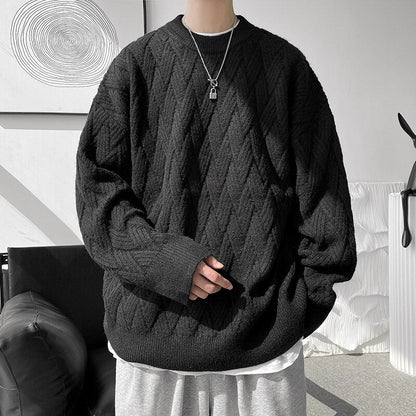 sanyamk  Cable-knit Vintage Sweater Men Solid Color Loose Round Neck Male Pullovers Warm Fashion Unisex Casual Clothing