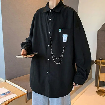 sanyamk Men Korean Fashion Appliques Oversized Chain Design Streetwear Harajuku Y2K Shirts Youth Handsome Casual Solid Long Sleeve Tops