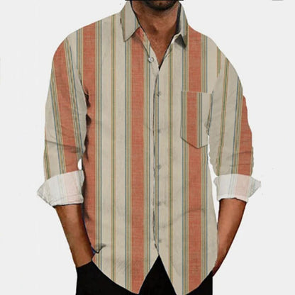 Bonsir Autumn Vintage Striped Print Buttoned Shirts Men Casual Turn-down Collar Cardigans For Mens Clothing Spring Fashion Loose Shirt