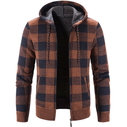 Bonsir Men's Hooded Plaid Printed Long Sleeve Sweater Autumn Winter Plush Large Casual Cardigan Coat
