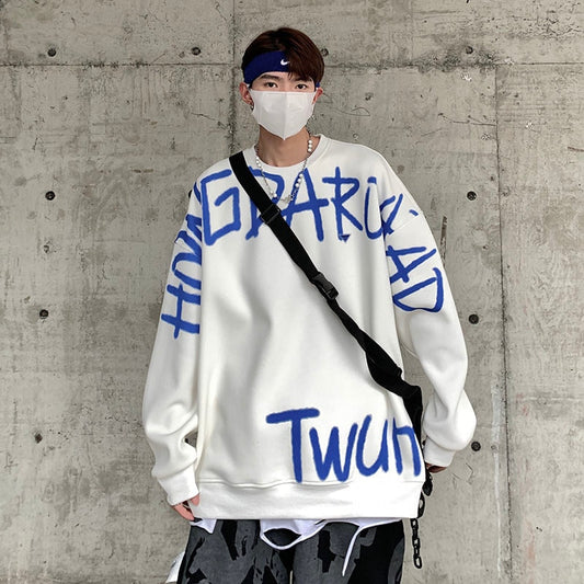 Bonsir Graffiti Letter Oversize Men Hoodies Sweatshirts O-neck Harajuku Hip-hop Pullovers Fashion New Male Jumpers Streetwear