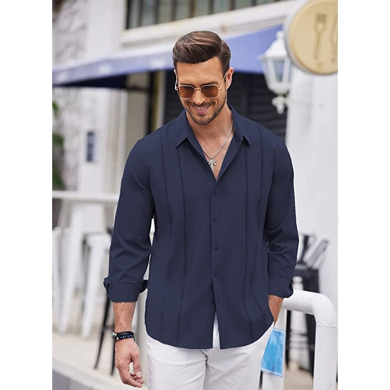 Bonsir Spring Summer Casual Buttoned Shirts Men Vintage Patchwork Striped Shirt Tops Long Sleeve Turn-down Collar Leisure Clothes