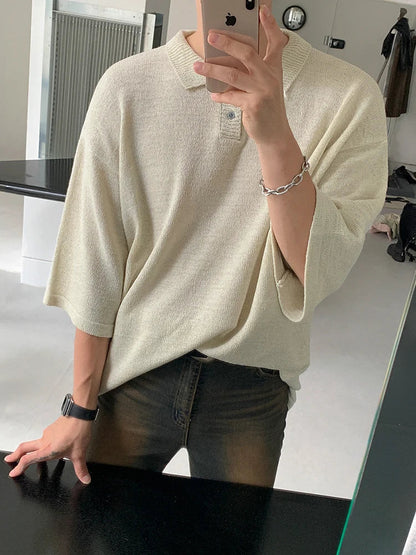 sanyamk  -  Knitted T-shirt Men Summer Loose Solid Color Short Sleeve Turn-down Collar Korean Style Male Top 2024 T-shirts