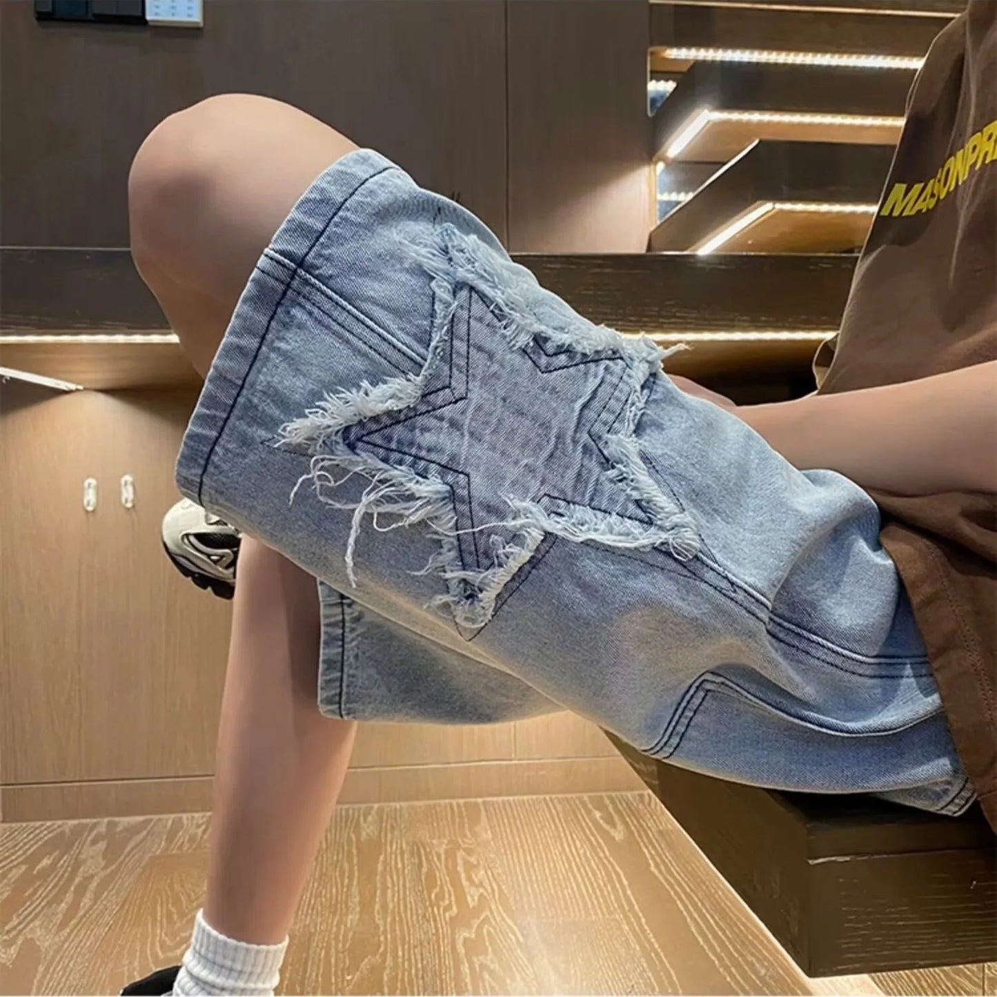 sanyamk Star Patchwork Yellow Clay Color Jeans Summer Men Denim Shorts Trendy Streetwear Five-point Pants Straight Jeans Shorts