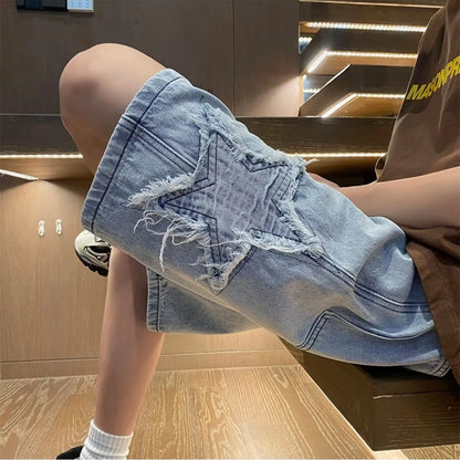 sanyamk Star Patchwork Yellow Clay Color Jeans Summer Men Denim Shorts Trendy Streetwear Five-point Pants Straight Jeans Shorts