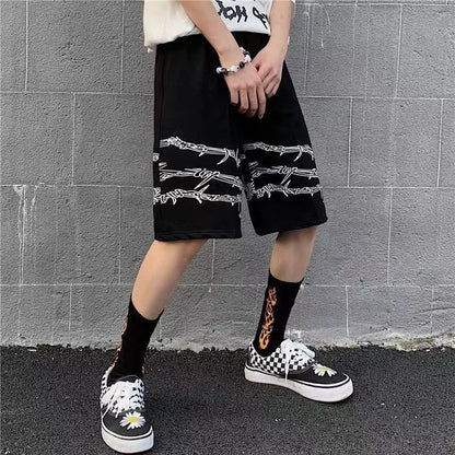 Bonsir Summer trend ins dark high street hip-hop print personality casual shorts men's elastic waist tie quick-drying pants