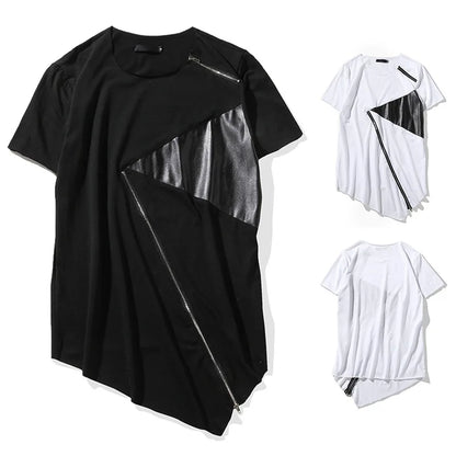 sanyamk T Shirt Men 2024 Personality tailoring Long Patchwork Leather Zipper T-shirt Men Hiphop Short Sleeve Longline Casual Top Tee