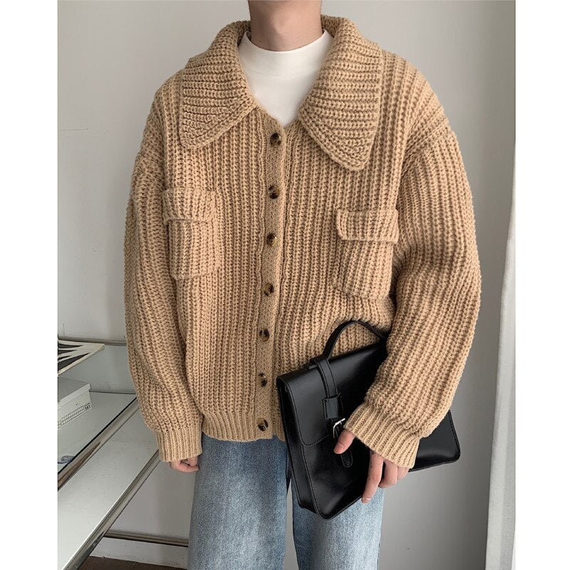 Bonsir Winter Sweater Cardigan Men Warm Fashion Retro Pocket Sweater Coat Men Korean Loose Long Sleeve Sweater Mens Jumper Clothes