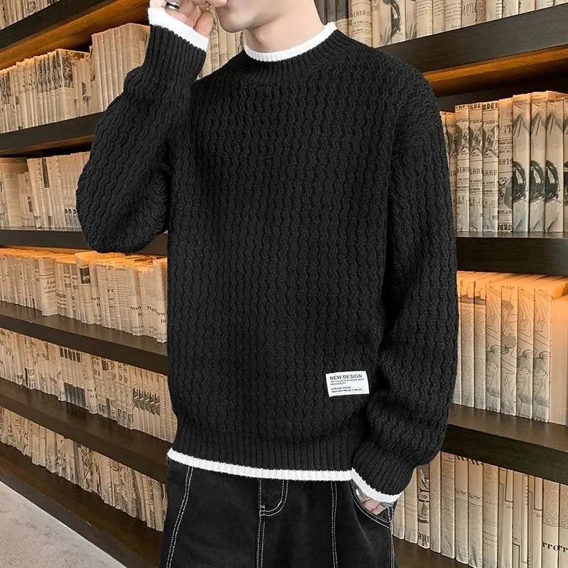 Bonsir Men's Clothing Autumn Winter Korean Contrast Color Casual Streetwear Knitted Sweater Trend Long Sleeve Loose Pullovers Tops