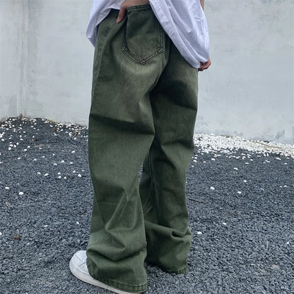 sanyamk Green Jeans Baggy Distressed Vintage Denim Trousers Male Wide Leg Pants Men Streetwear Retro Oversize Casual Hip Hop