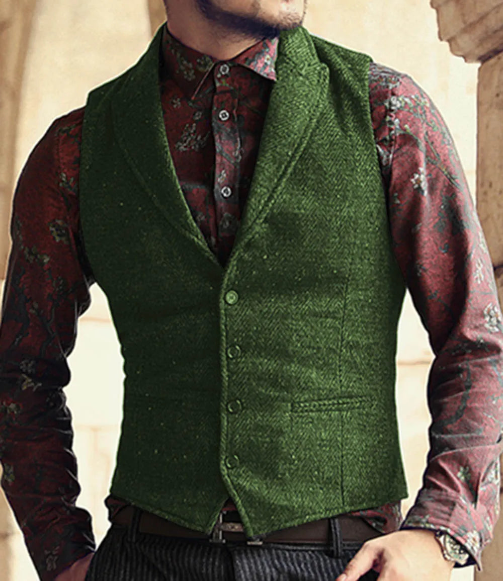 sanyamk New Men Suit Ves Classic Herringbone Pattern Business Waistcoat Notch Lapel Wool Tweed Groomsmen Waistcoat Vests For Men