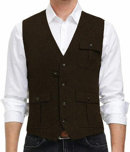 sanyamk Light Blue New Men Vest Wool Tweed Casual Waistcoat Formal Business Vest For Wedding Groomsmen Party Banquet Suit