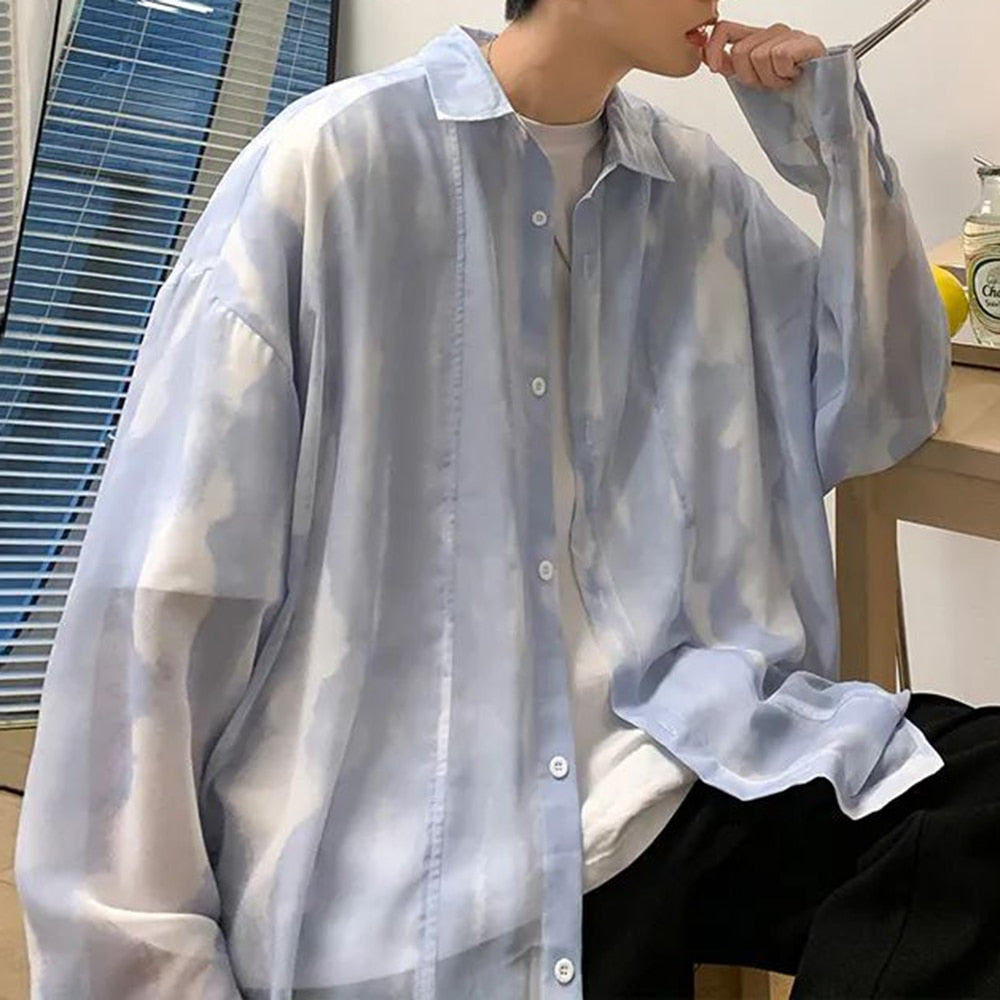 sanyamk New Y2k See-through Lapel Top Men's Trendy High Street Loose Chiffon Shirt Thin Section Casual Oversized Long-sleeved Shirt Coat