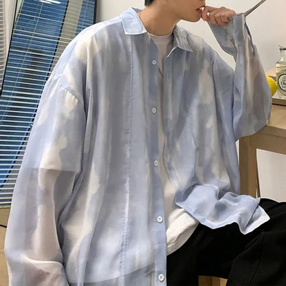 sanyamk New Y2k See-through Lapel Top Men's Trendy High Street Loose Chiffon Shirt Thin Section Casual Oversized Long-sleeved Shirt Coat