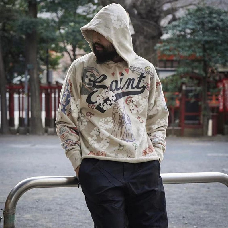 sanyamk Harajuku Retro Kapok Graffit Casual Hooded Hoodies Men and Women Streetwear Oversized Terry Sweatshirts Loose Hip Hop Hoody