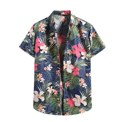 sanyamk Men's Shirts Vintage Ethnic Style Lattice Printing Summer Casual Streetwear Stand Collar Short Sleeve Loose Mens Hawaiian Shirt