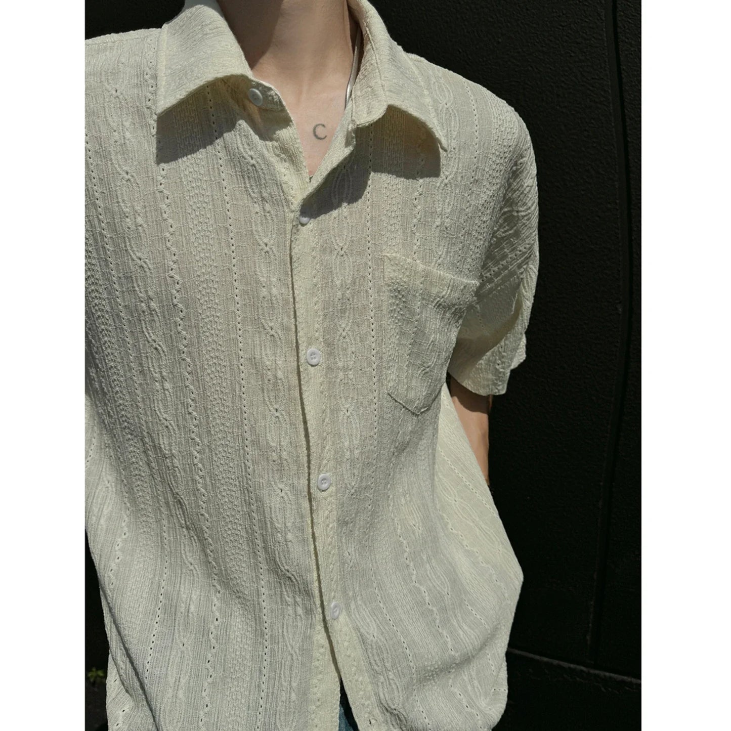 sanyamk Rice White Hollow Out Shirts for Men Handsome Lapel Blouse Ice Silk Sexy Fashion Men Clothing Male Mesh Short Sleeve Shirts