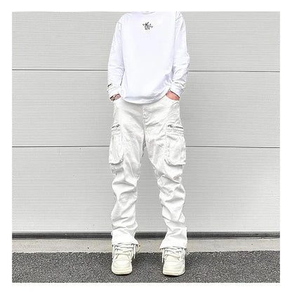 sanyamk Streetwear Retro White Black Pleated Tapered Jeans Side Pockets Zipper Hem Casual Jeans Baggy Men's Fashion Straight Denim Pants