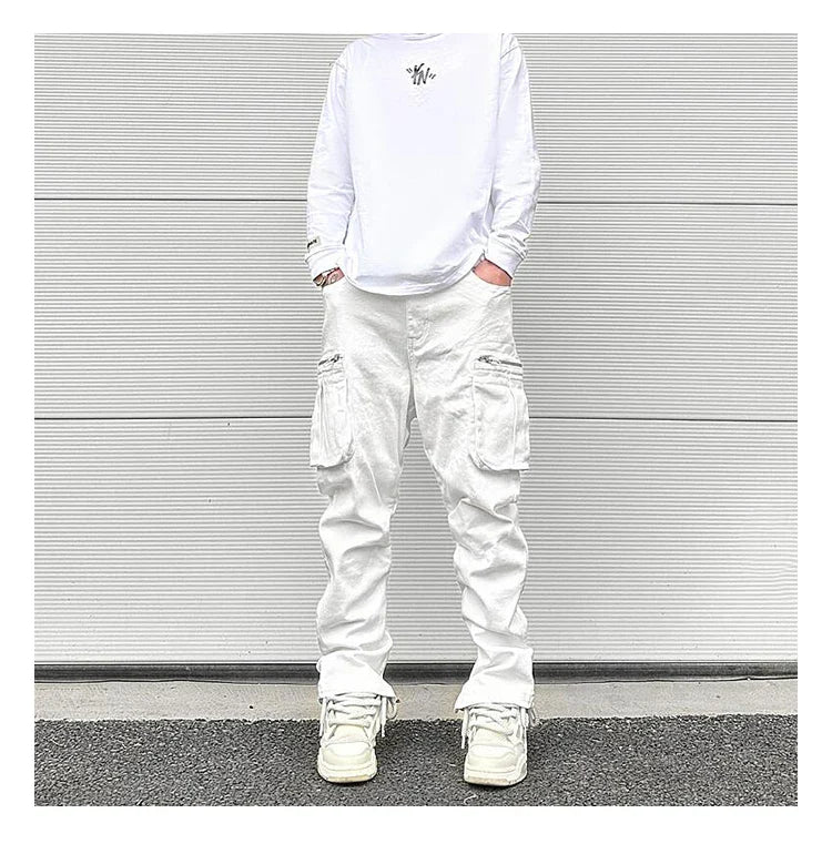 Bonsir Streetwear Retro White Black Pleated Tapered Jeans Side Pockets Zipper Hem Casual Jeans Baggy Men's Fashion Straight Denim Pants