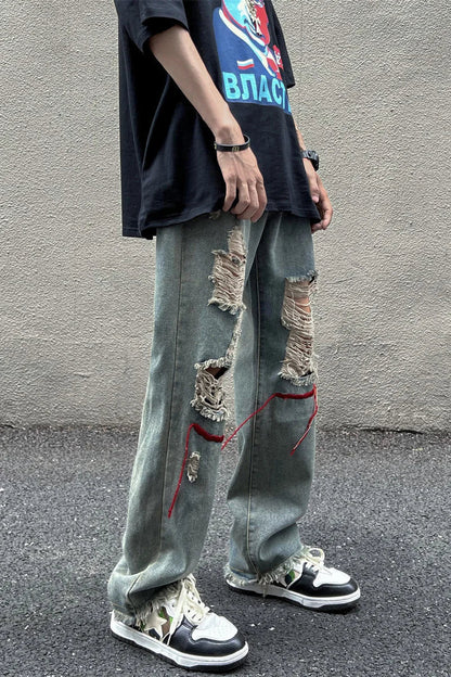 Bonsir Street high Street pants ins trendy embroidered worn-out hole denim jeans men men's beggar floor mop pants streetwear New