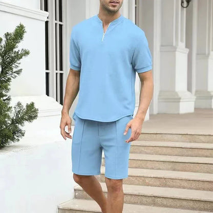 sanyamk New Casual Two Piece Sets Mens Outfit 2024 Spring Summer Fashion Zipper V Neck Short Sleeve T Shirts And Shorts Men Solid Suits