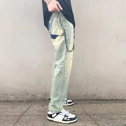 sanyamk High Street Hand Painted Distressed Washed Design Patchowrk Mens Jeans Pants Stragiht Streetwear Ripped Casual Denim Trousers
