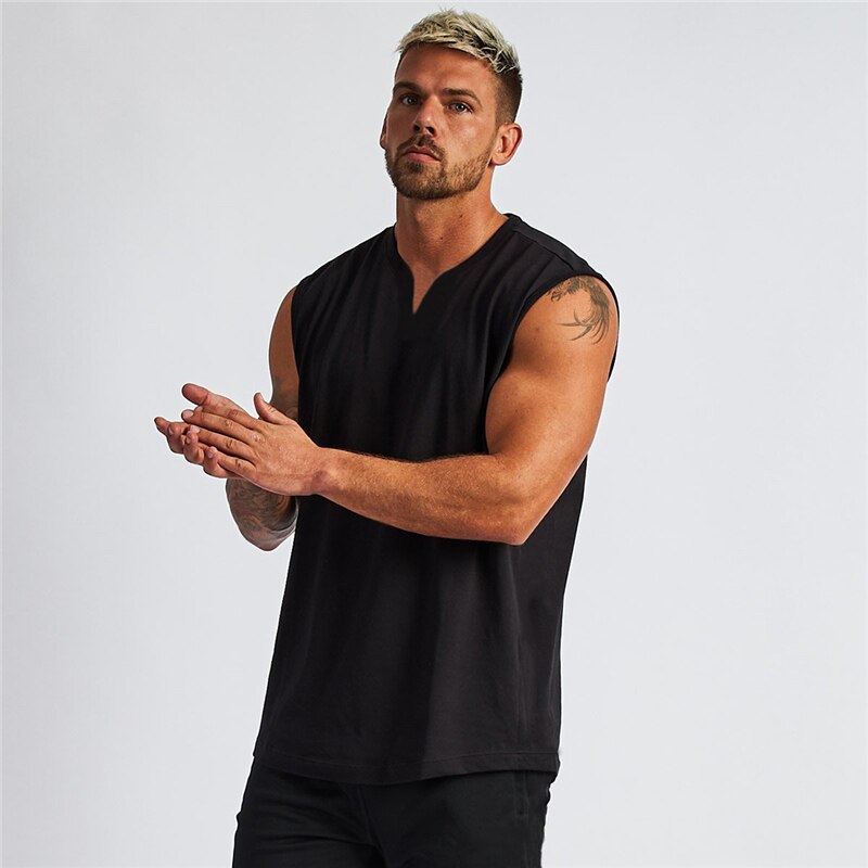 sanyamk Summer Plain Cotton Fitness Mens Gym Tank Top Curved Hem V neck Gym Stringer Vest Bodybuilding Clothing Muscle Sleeveless Shirt