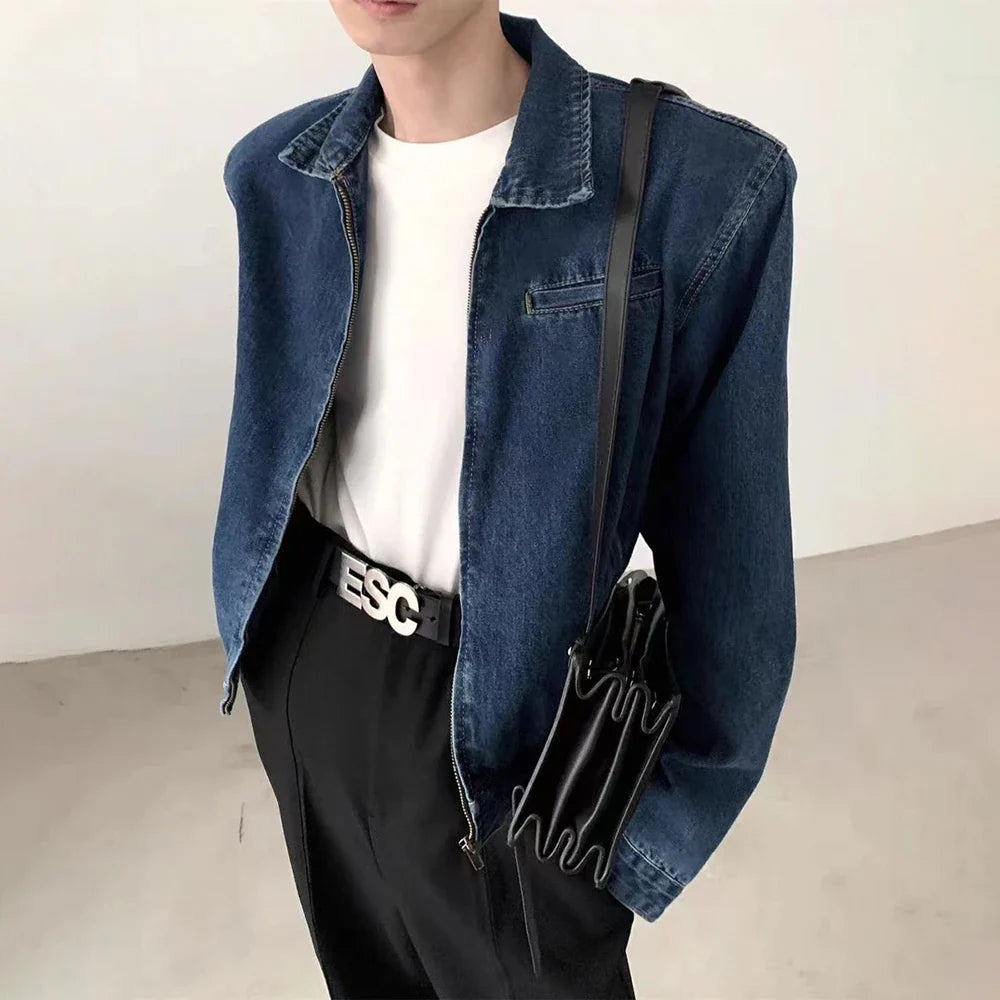 sanyamk Mens Autumn College Style Simple Y2k Niche Short Denim Jacket Fashion Youth Trend Retro Washed Shoulder Pad Cardigan Jacket Men