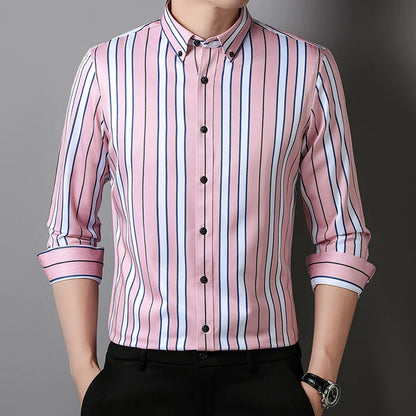 sanyamk Men Spring Summer Comfortable Vertical Striped Strech Mens Dress Shirts Long Sleeve Soft Business Work Shirt  No Pocket Male