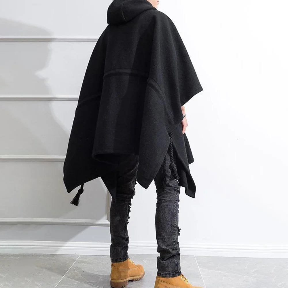 sanyamk Mens Dark Style Mid-Length Casual Hooded Cape Autumn And Winter Genderless Fashion Retro Loose Solid Color Shawl Cape Unisex