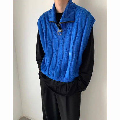 Bonsir Autumn Short Sweater Vest Men Fashion Casual Lapel Knit Pullover Men Korean Loose Zipper Sleeveless Sweater Mens Jumper Clothes