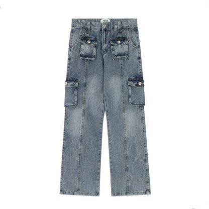 sanyamk High Street Washed Pockets Retro Jeans Pants for Men Straight Distressed Casual Baggy Denim Trousers Loose Hip Hop Cargos