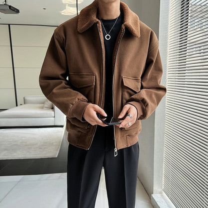 sanyamk Winter Men Lamb Fur Inner Fashion Loose Casual Vintage Short Cargo Jacket Male Japan Korean Streetwear Coat Outerwear