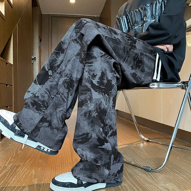 Bonsir Korean Style Tie-dye Print Casual Pants Black Mopping Trousers Men Autumn Fashion Streetwear Pants Unisex Plus Size 5XL-M