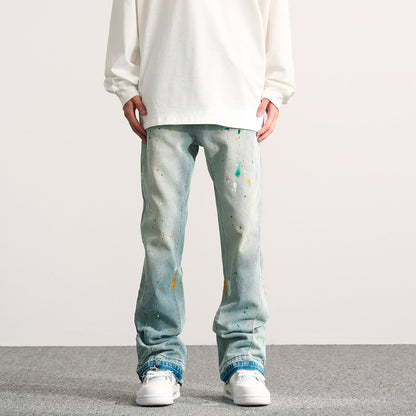sanyamk High Street Wide Jeans Graffiti Micro Horn Jeans Vintage Hip Hop Denim Flared Pants Men Fashion Speckle Ink Wide Leg Washed Jean
