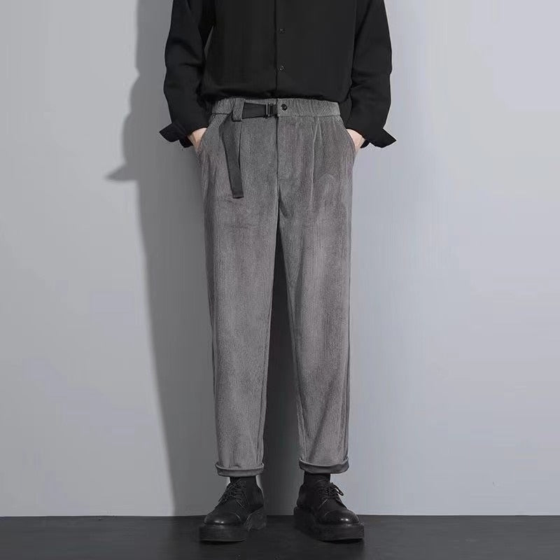 sanyamk Men's Corduroy Fabric Casual Pants Koreanfashion Trend Loose Straight Pants Belt One-piece High-quality Suit Pants 28-38