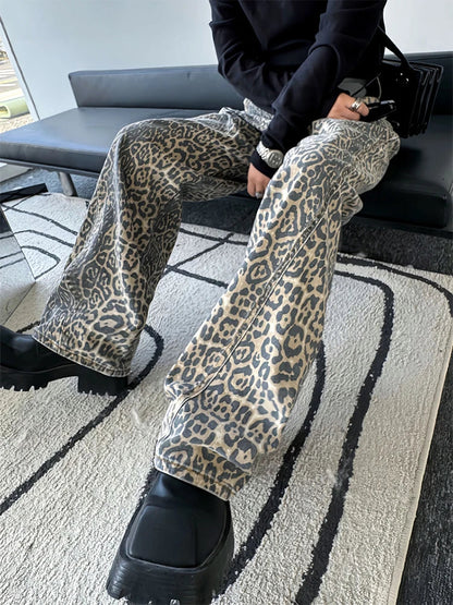 sanyamk Leopard Jeans Women Denim Pants Female Oversize Wide Leg Trousers Streetwear Hip Hop Vintage Animal Print Loose Casual