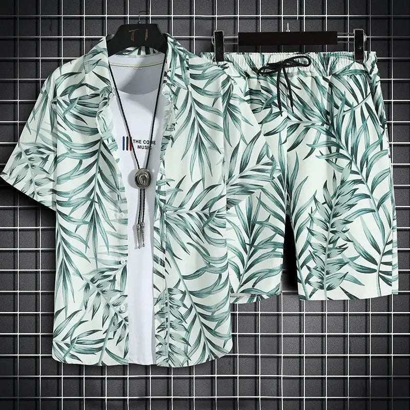 sanyamk Summer New Men Beach Clothes 2 Piece Set Quick Dry Hawaiian Shirt Shorts Set Men Fashion Clothing Printing Casual Male Outfits